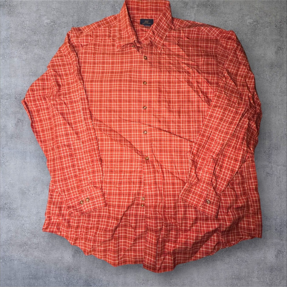 Brooks Brothers 346 Mens XL Orange White Grid Check Non-Iron Button Down Shirt
